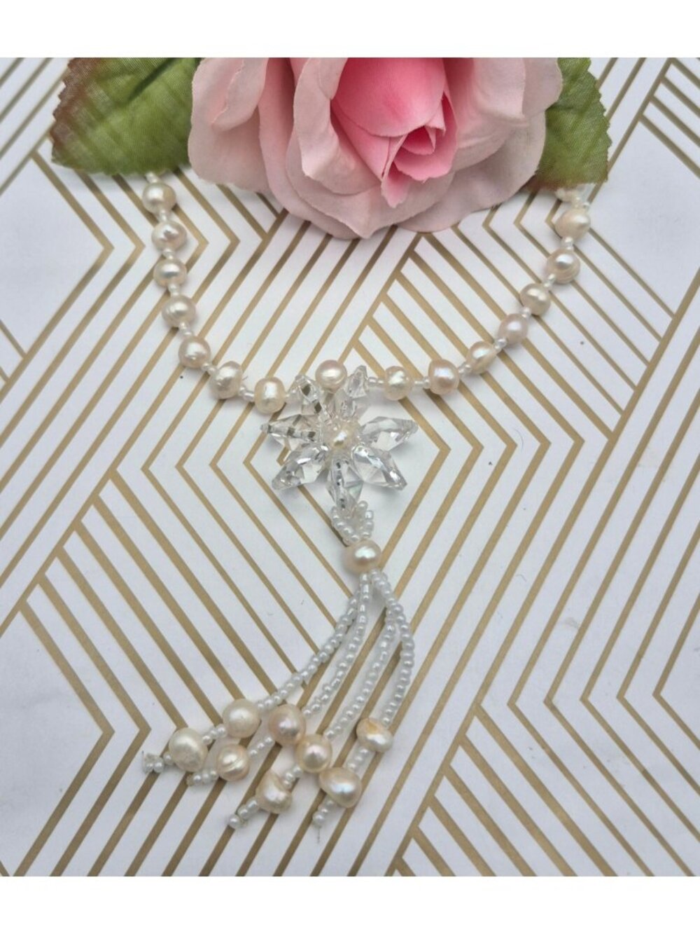 VTG Ivory Faux Freshwater Pearl Flower Pendant Necklace 19.5" Beach Wedding